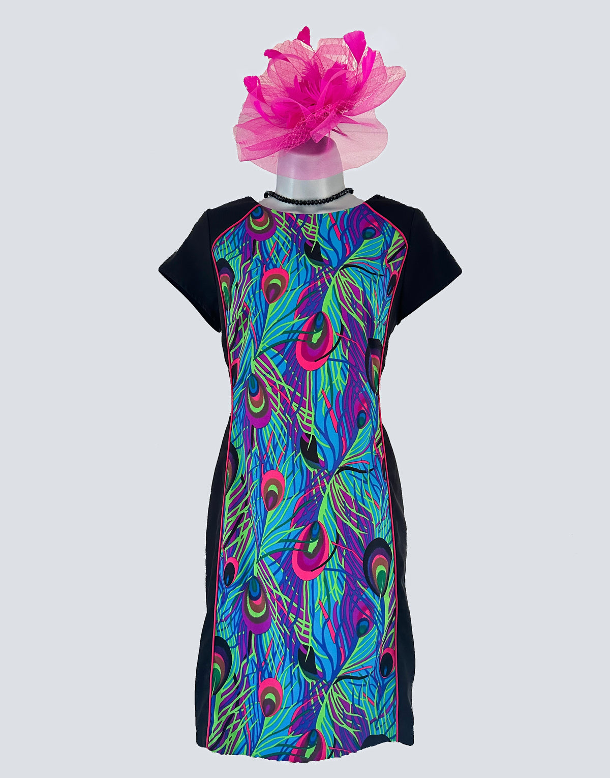 Definitions black multi peacock feather slim fit occasion above  knee dress 10