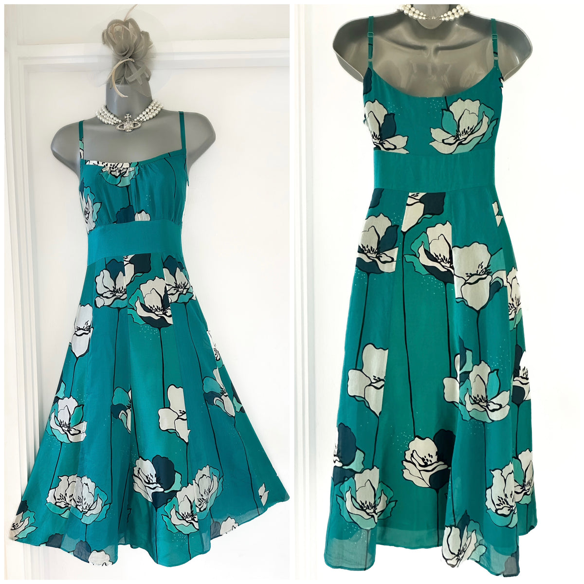 Monsoon turquoise silk floral occasion evening midi dress size 12