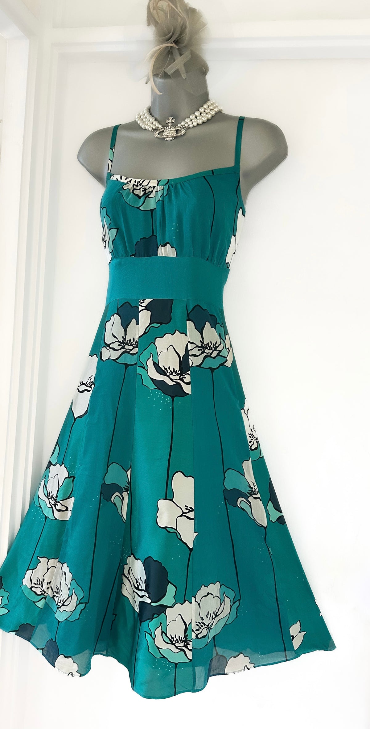 Monsoon turquoise silk floral occasion evening midi dress size 12
