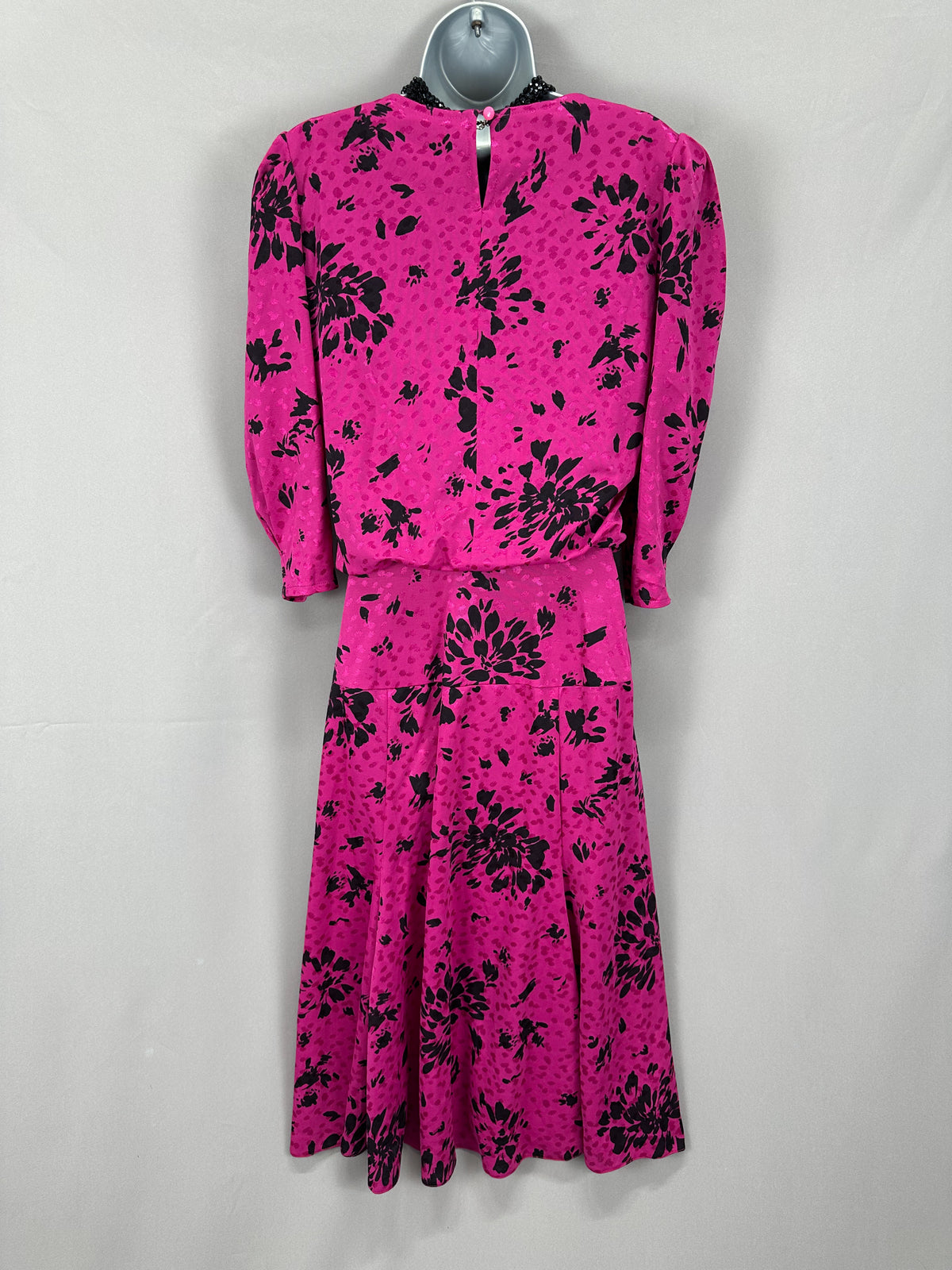 Shelana vintage magenta & black floral drop waist approx late 80s formal calf length dress uk 10