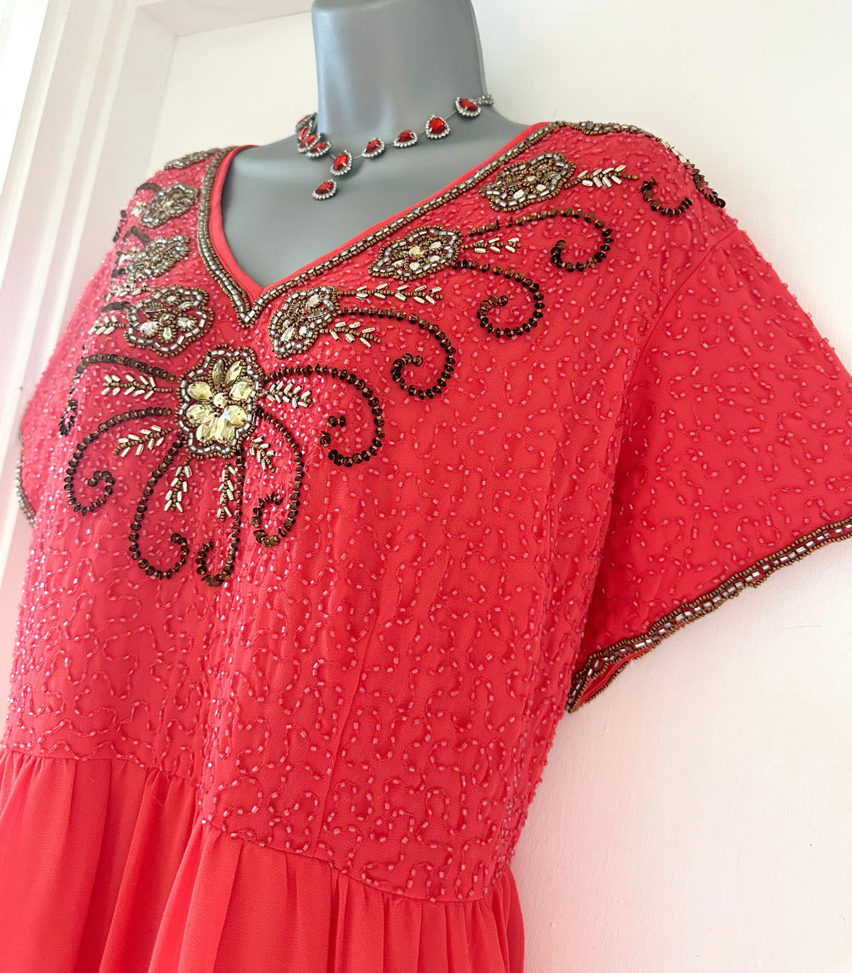 Lovedrobe embellished orangey peach short sleeve occasion over the knee dress size 22