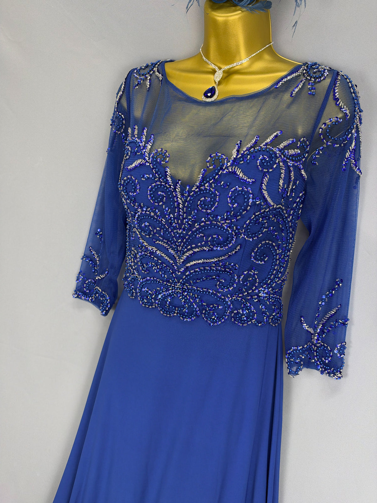 Stunning Goya London royal blue beaded floral Christmas mother of the bride/groom long dress uk 14