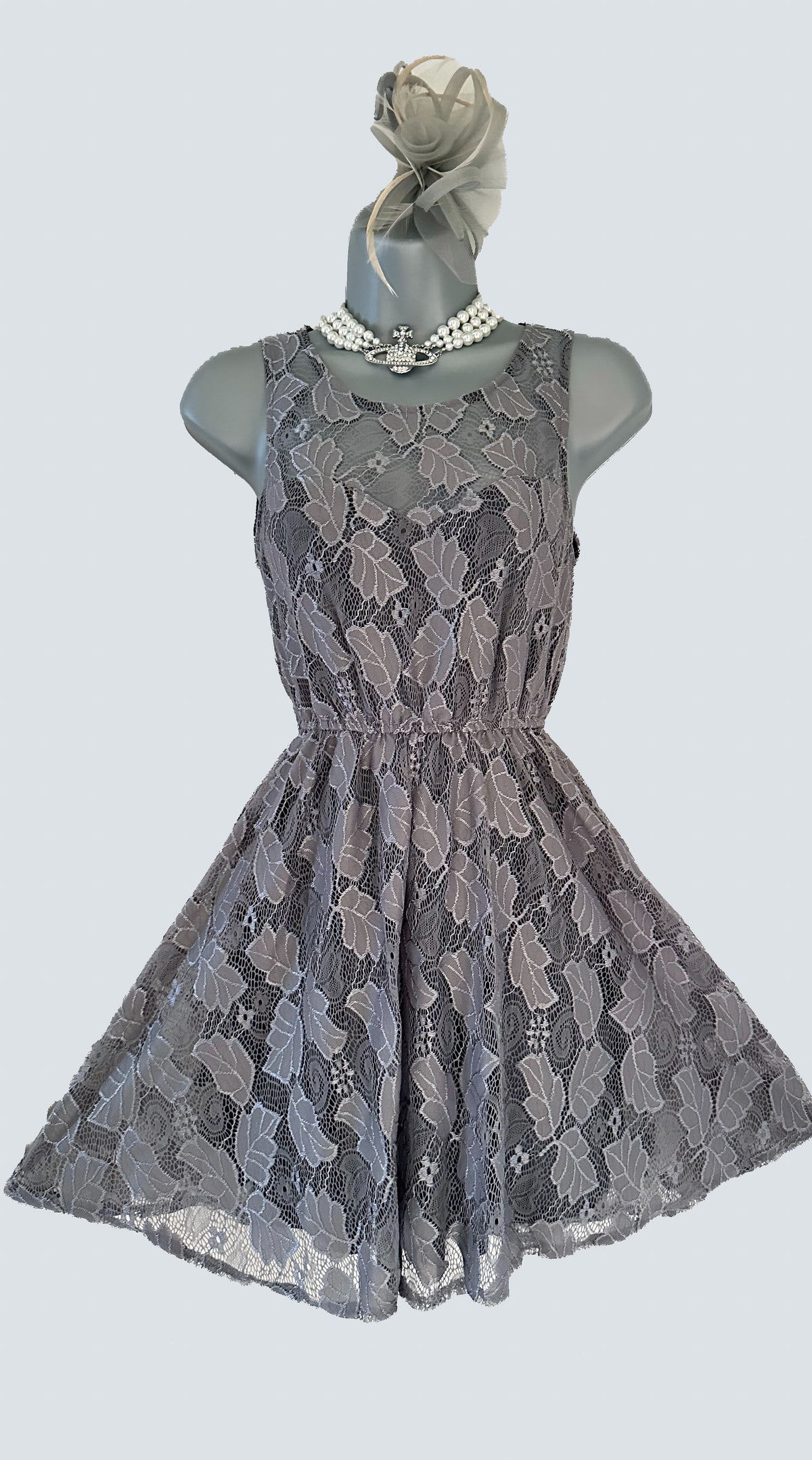 Mela London grey lace elasticated waist sleeveless a-line short occasion dress 8