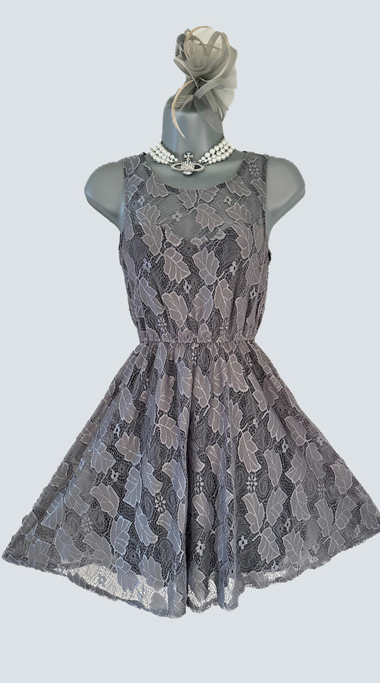 Mela London grey lace elasticated waist sleeveless a-line short occasion dress 8
