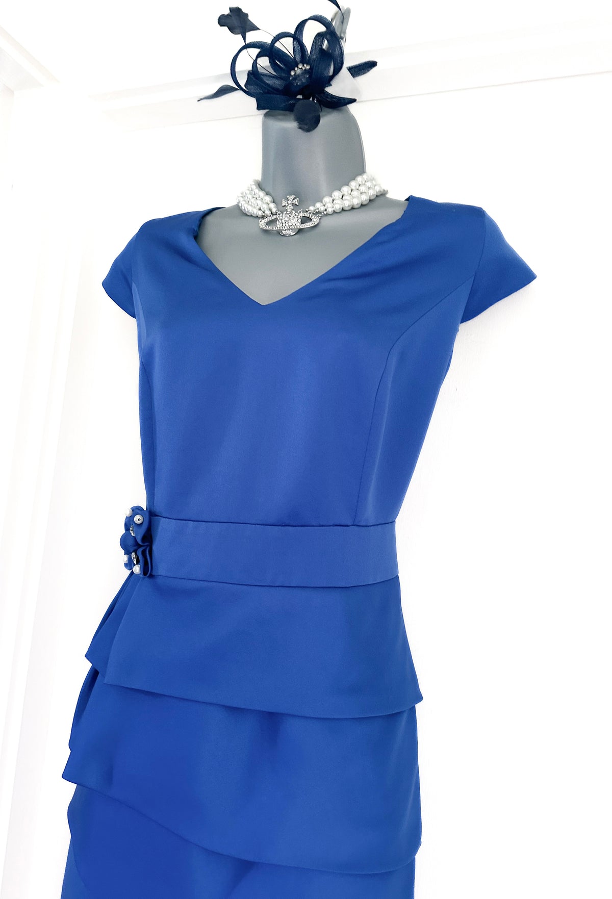 Ella boo blue wedding layered/jewel bow detail cap Sleeve Knee Length Dress 14
