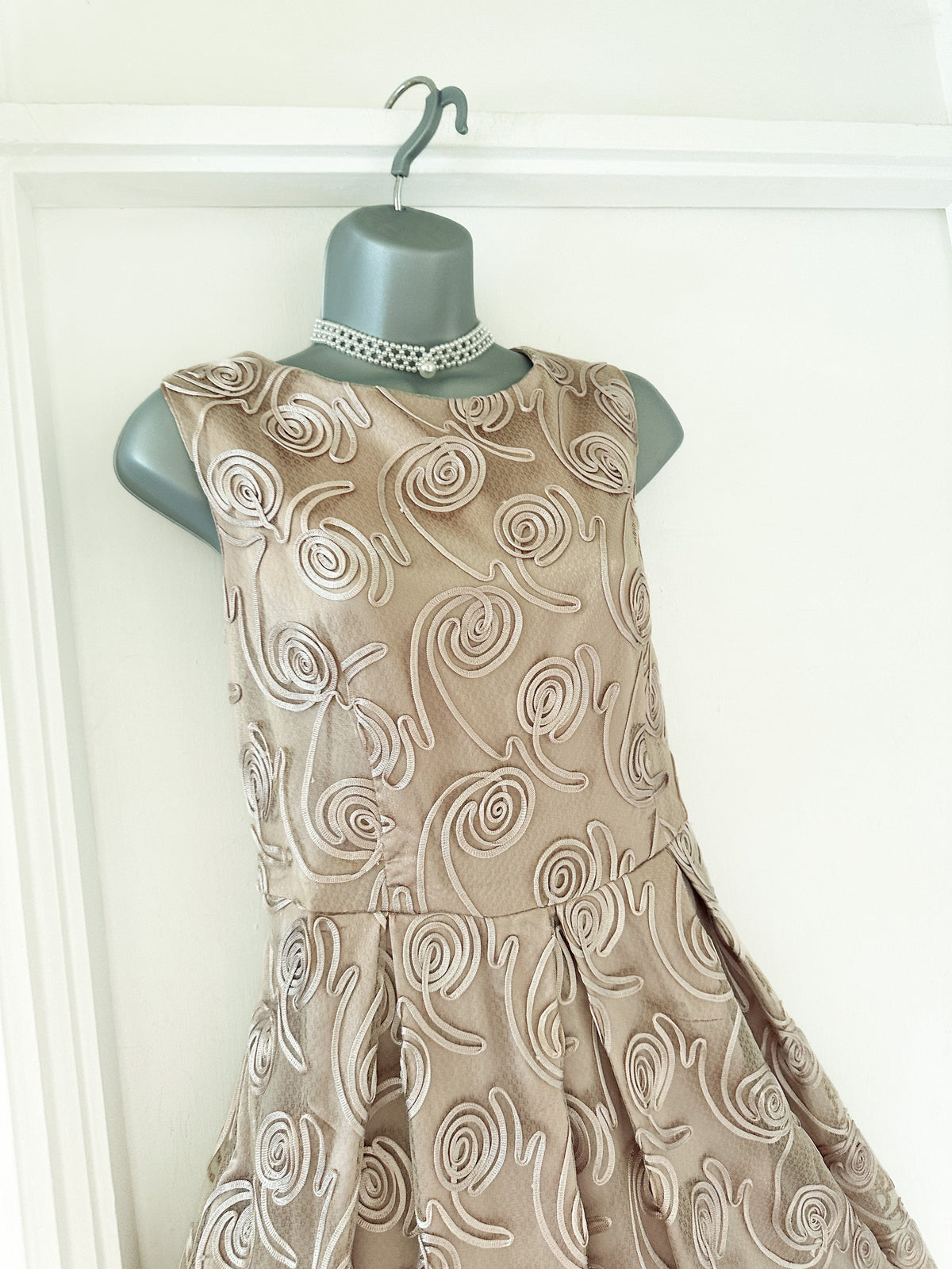 Maya Deluxe appliqué champagne coloured wedding occasion a-line above knee dress size 14