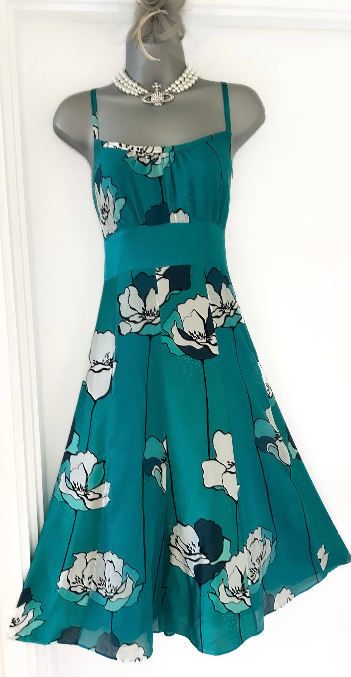 Monsoon turquoise silk floral occasion evening midi dress size 12