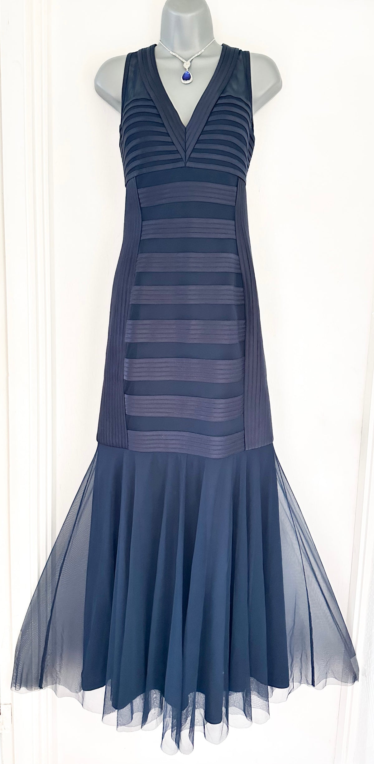 JS Collections navy v-neck evening occasion very long maxi dress size 14