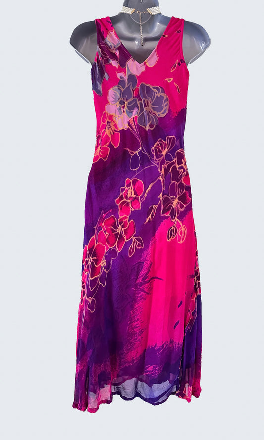 Adini pink/purple floral printed sleeveless summer boho calf length dress size M (Uk 14)