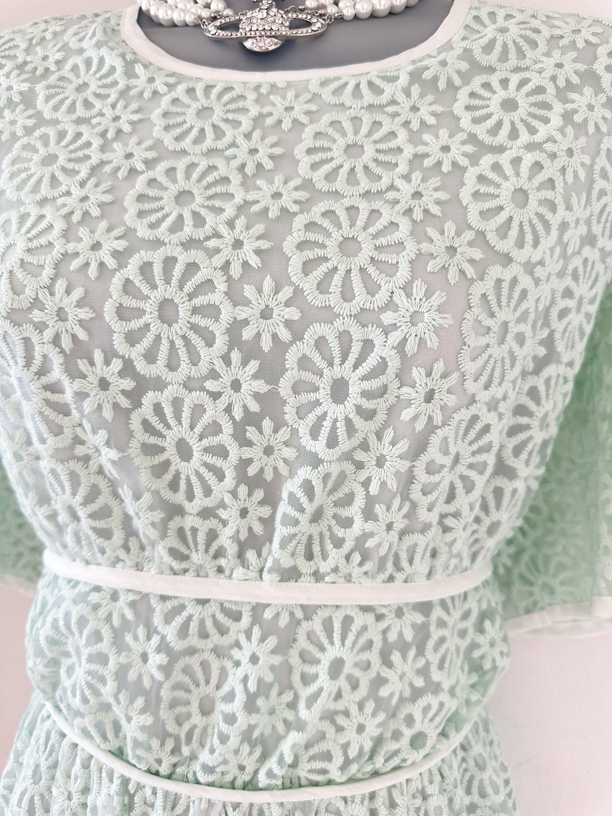 Bnwt labelrail x Olivia & Alice mint/white embroidery occasion long dress with back detail 14