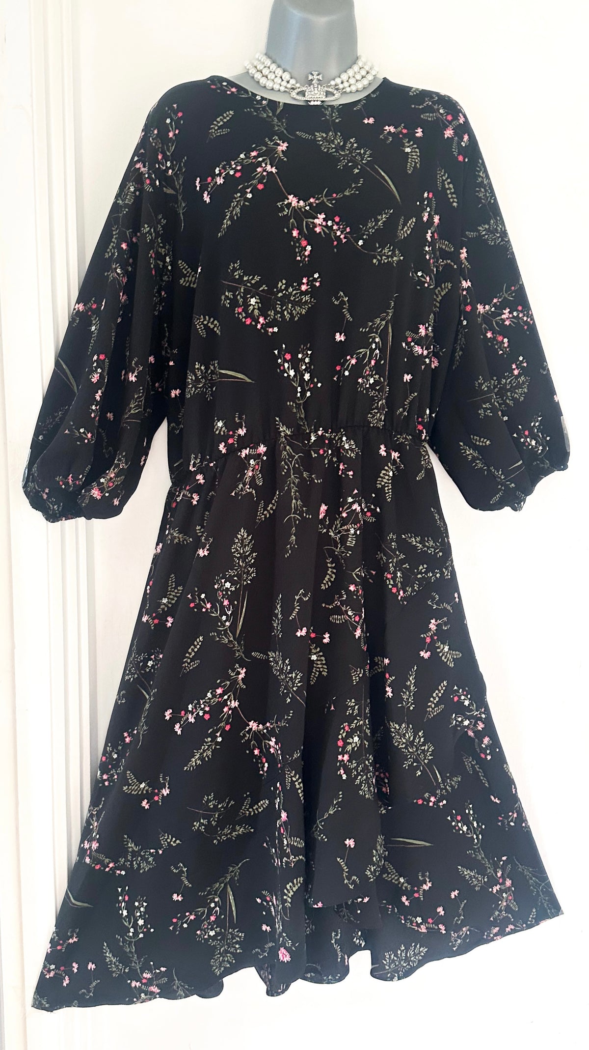 Anthology black floral elasticated waist 3/4 sleeve calf length dress size 28