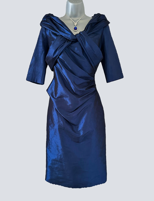 Ispirato navy shiny 3/4 sleeve fitted mother of the bride occasion midi dress size 10