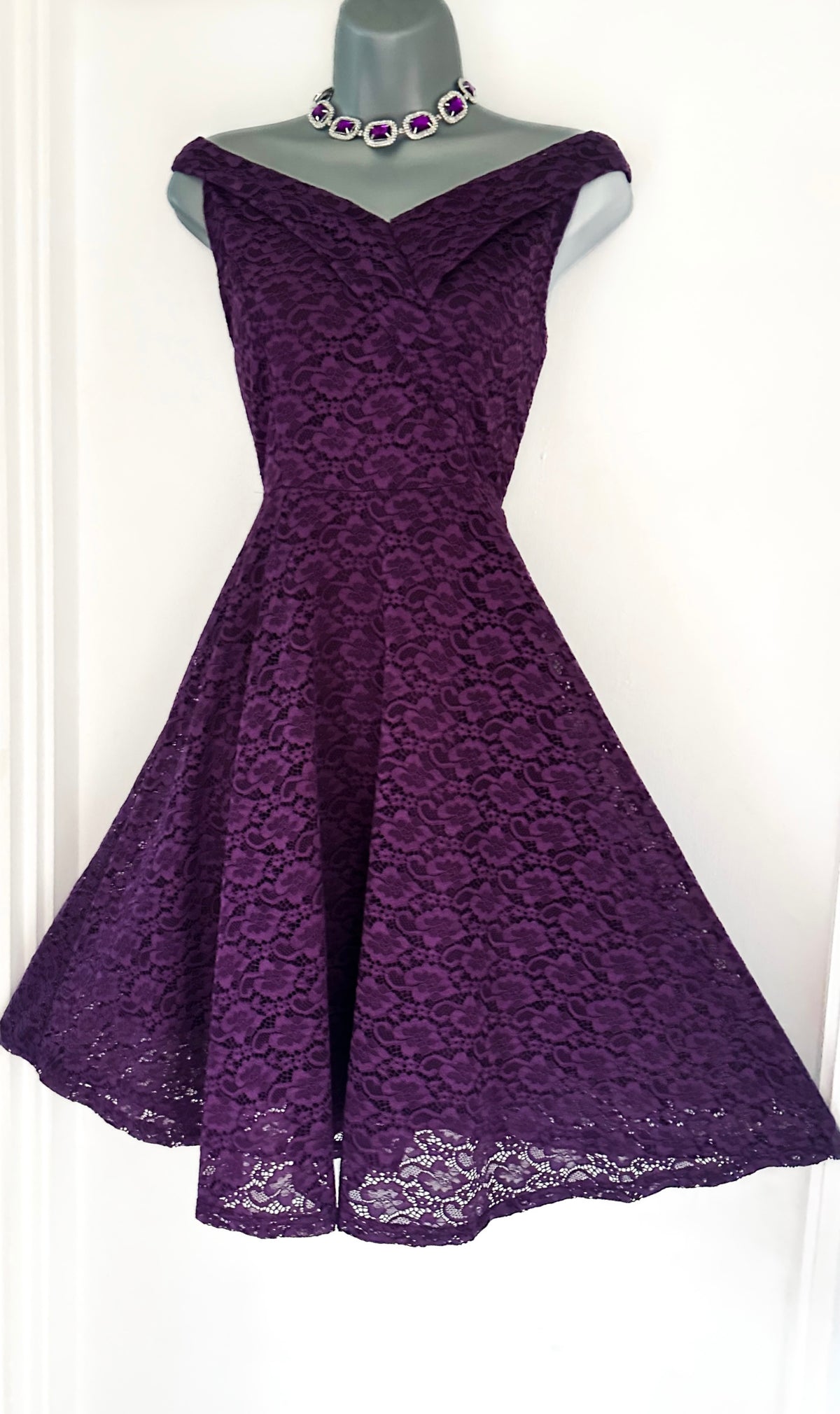 no label purple lace Bardot evening occasion a-line knee length dress M (Uk 10-12)
