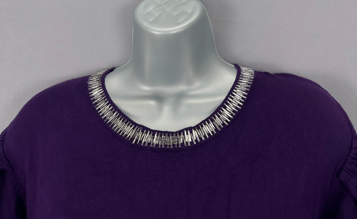 Stylish Gerard dark purple beaded collar autumn to winter long tunic jumper uk  12-14