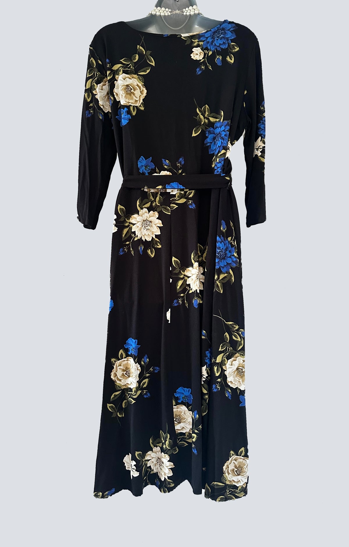 Wallis black floral belted 3/4 sleeve calf length dress size 16