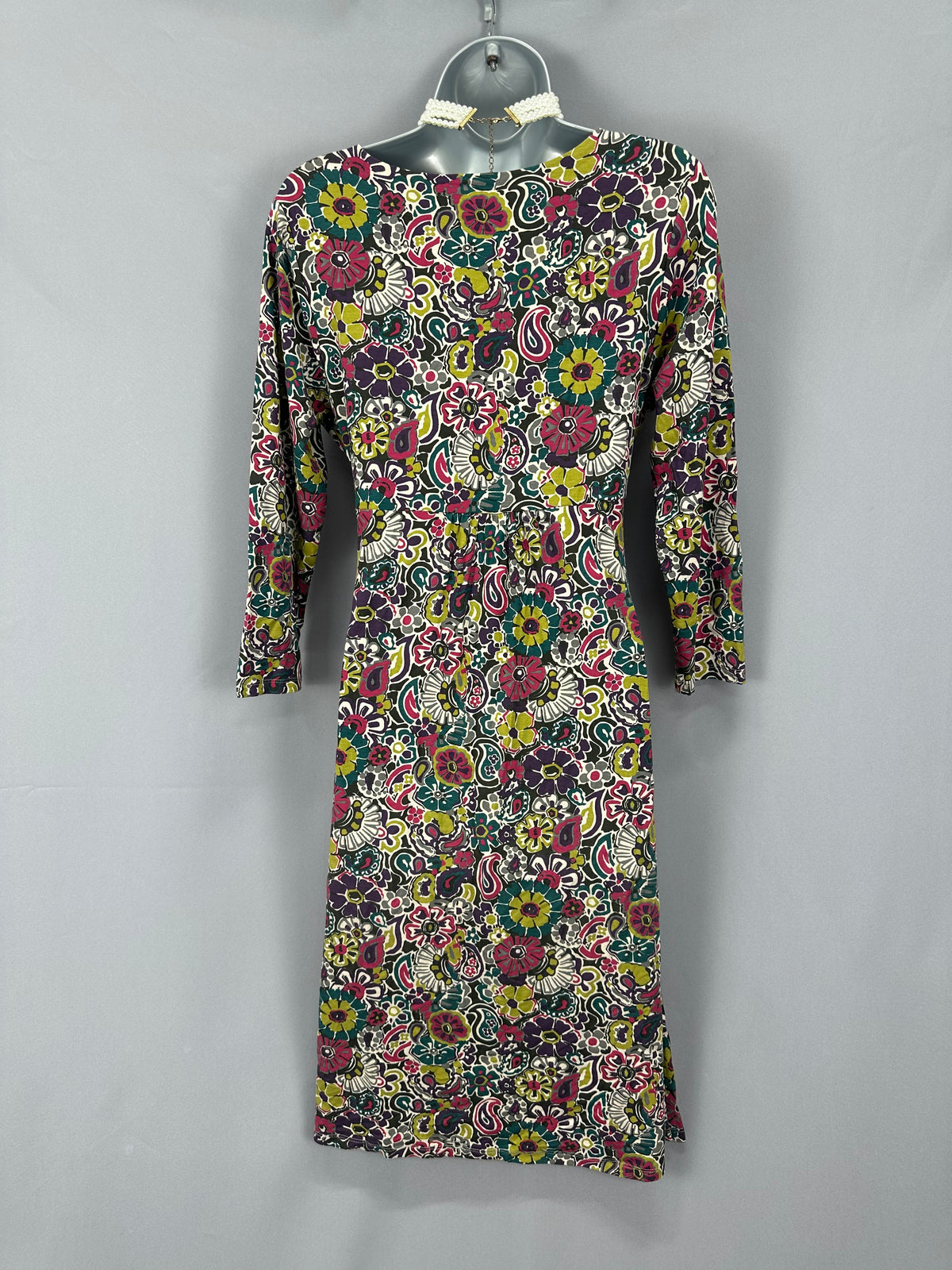 Elegant East multi print v-neck a-line 3/4 sleeve casual knee length dress uk 12