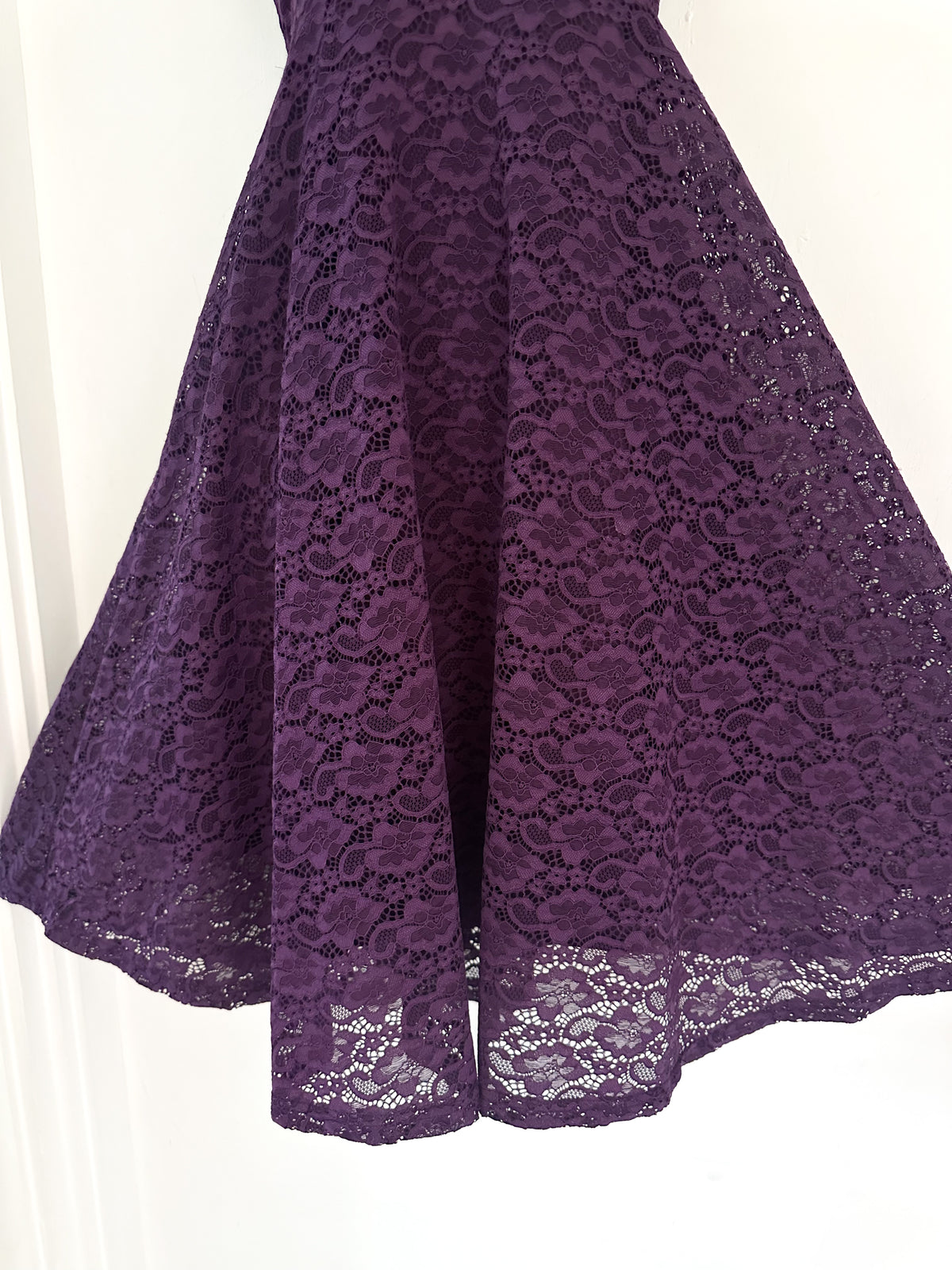 no label purple lace Bardot evening occasion a-line knee length dress M (Uk 10-12)