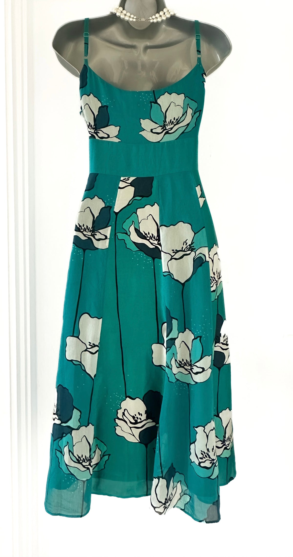 Monsoon turquoise silk floral occasion evening midi dress size 12