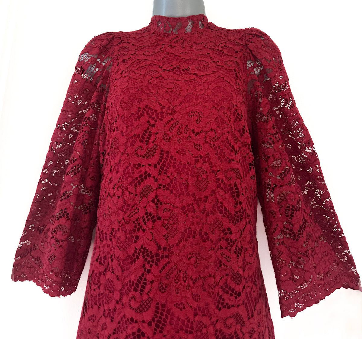 Biba dark red lace slight puff 3/4 sleeve above knee evening party dress size 10