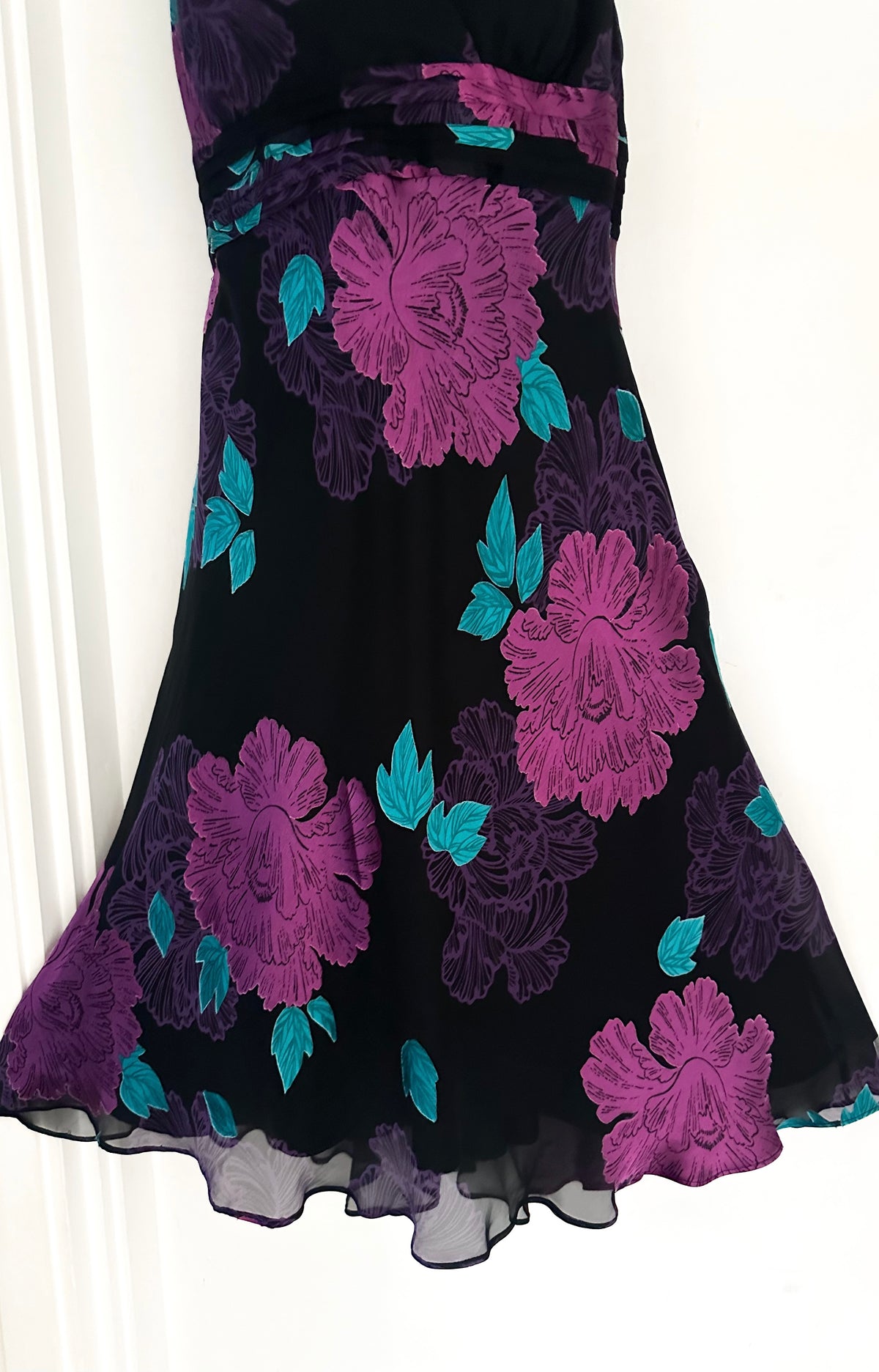 Rocha John Rocha Debenhams 56%silk black multi floral occasion over the knee dress 16