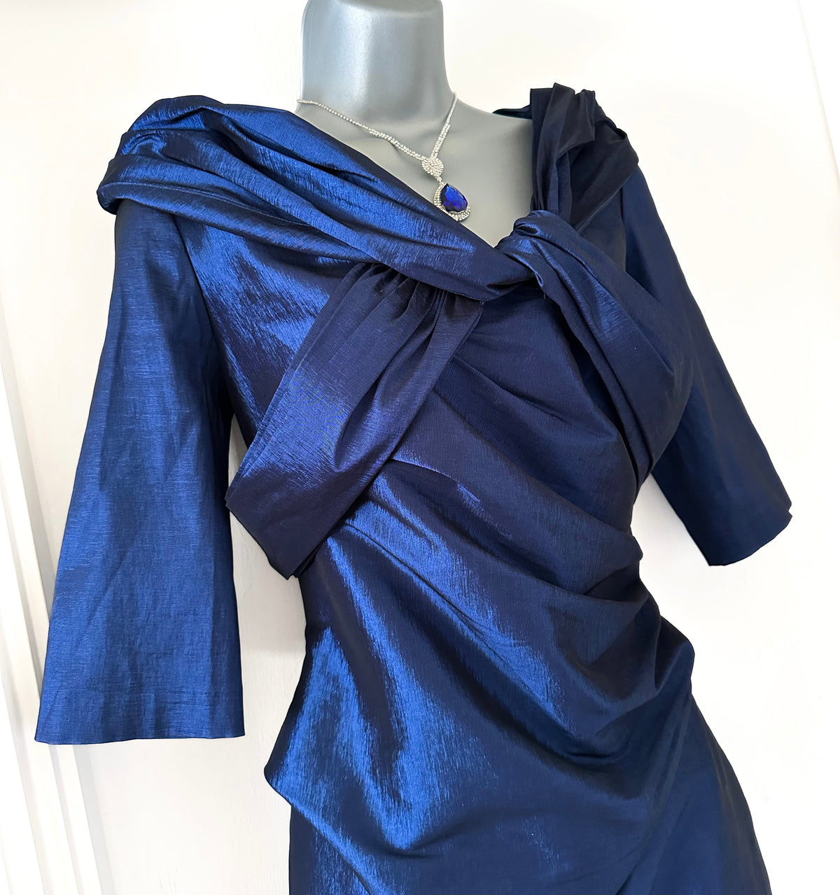 Ispirato navy shiny 3/4 sleeve fitted mother of the bride occasion midi dress size 10