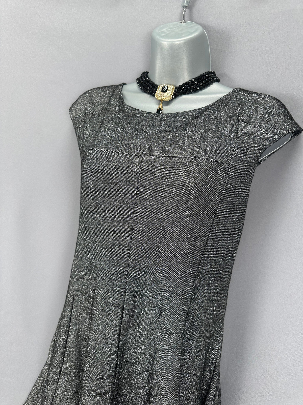 Stunning Miss Selfridge silver & black metallised thread party occasion asymmetrical long top uk 16