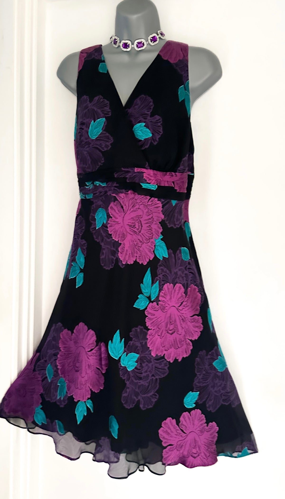 Rocha John Rocha Debenhams 56%silk black multi floral occasion over the knee dress 16