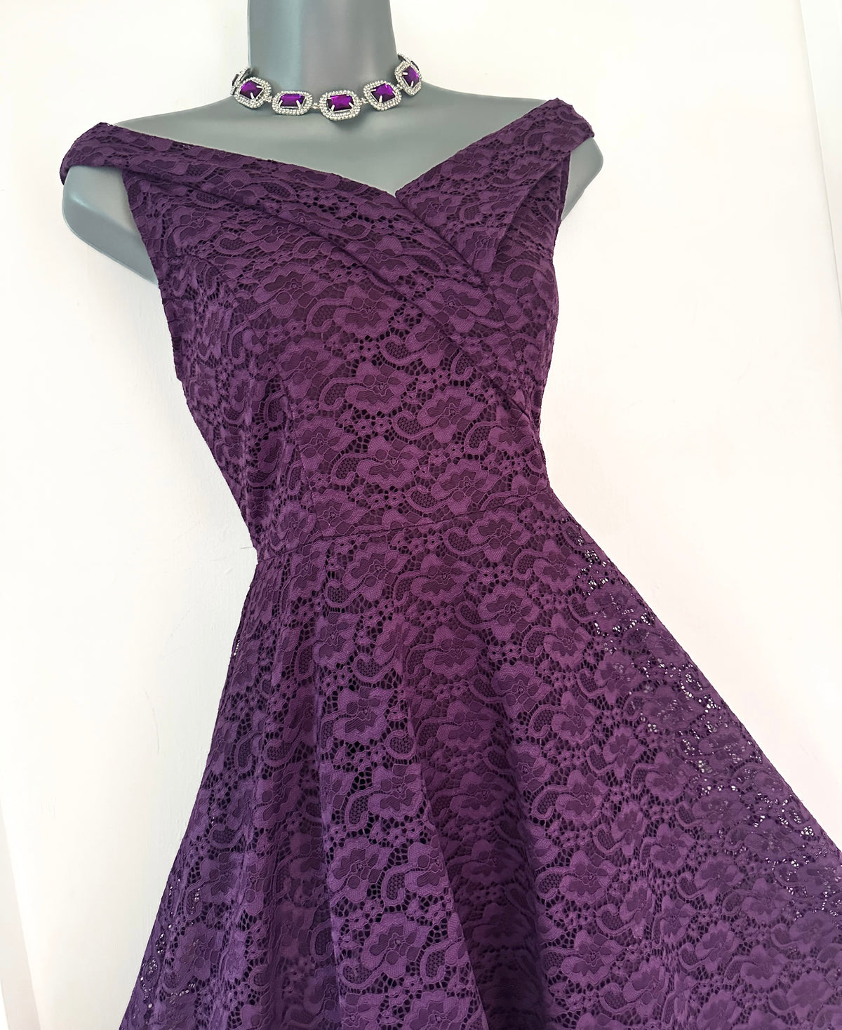 no label purple lace Bardot evening occasion a-line knee length dress M (Uk 10-12)