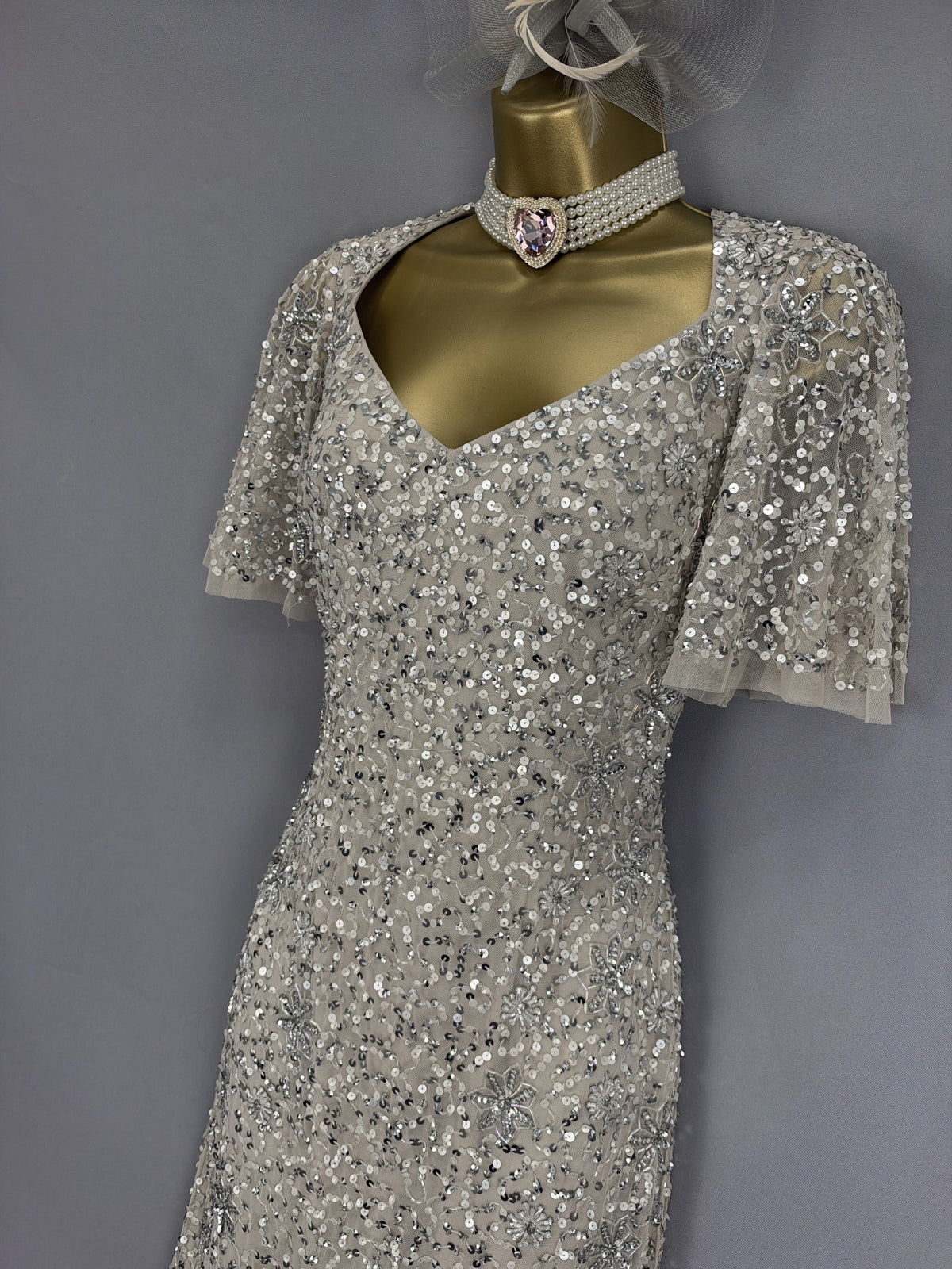 Beautiful Adrianna Papell mushroom sequin Christmas mother of the bride groom long dress uk 6-8