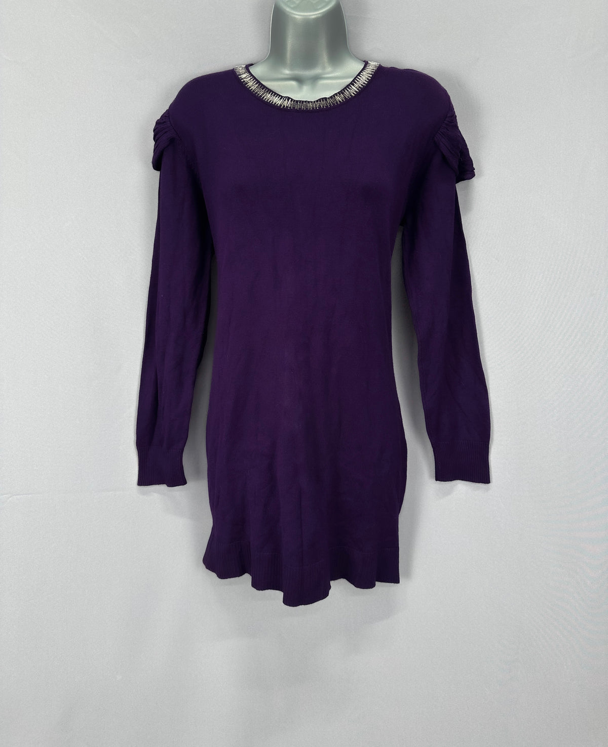 Stylish Gerard dark purple beaded collar autumn to winter long tunic jumper uk  12-14