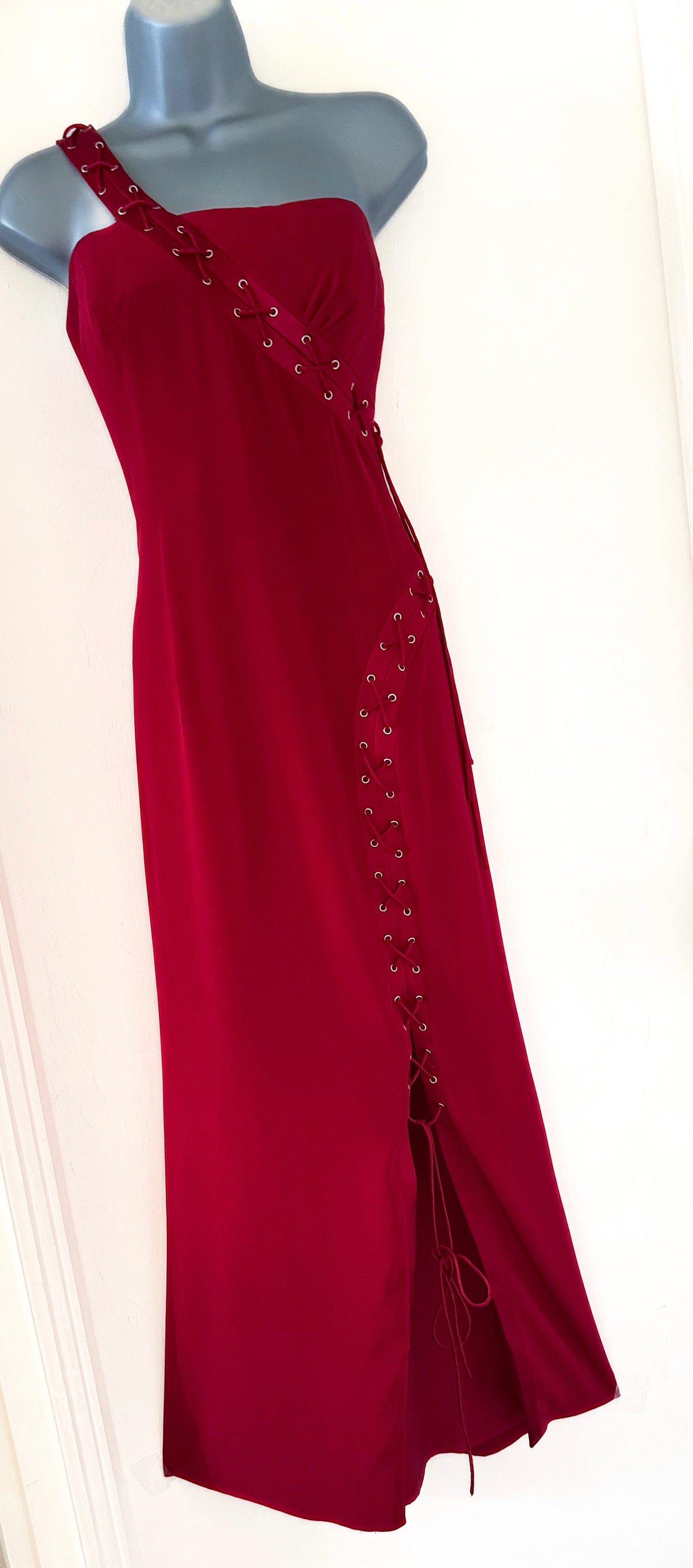 John Charles red one shoulder lace up formal occasion evening long maxi dress 12