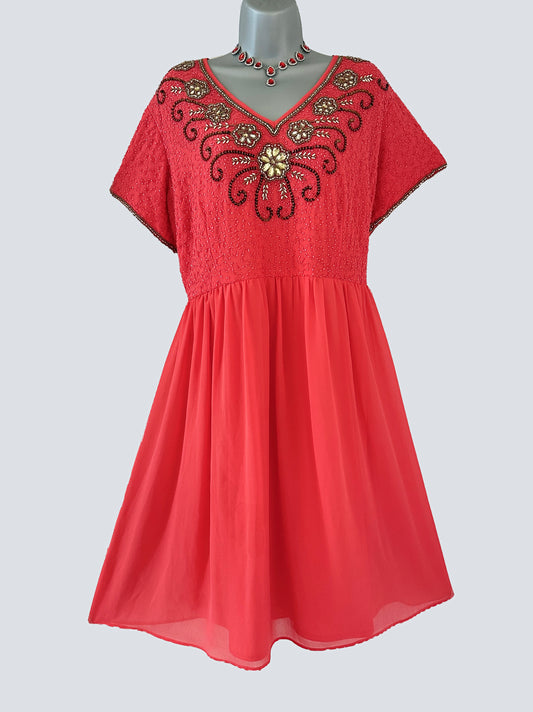 Lovedrobe embellished orangey peach short sleeve occasion over the knee dress size 22