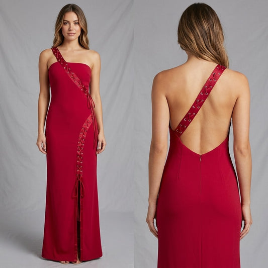 John Charles red one shoulder lace up formal occasion evening long maxi dress 12