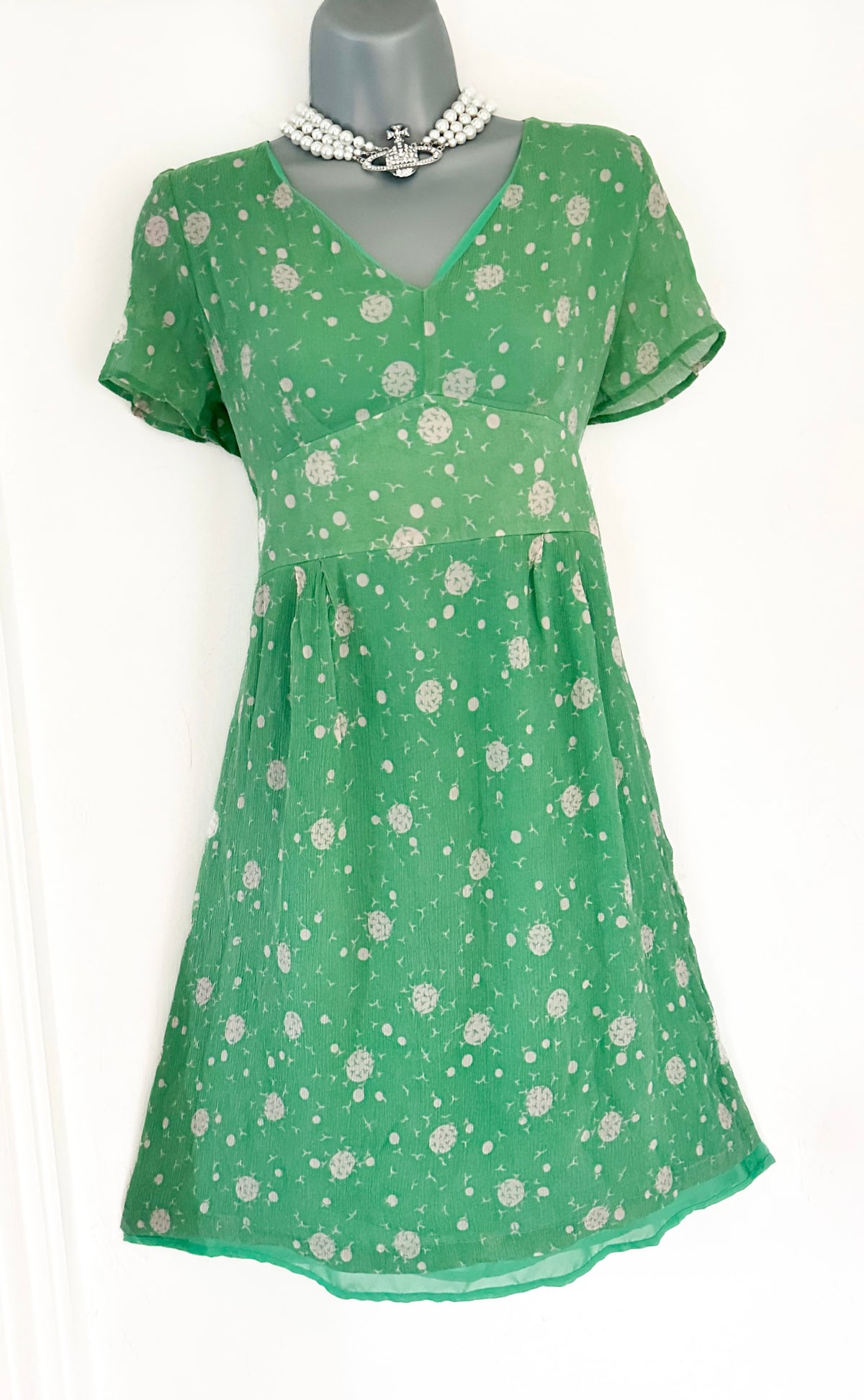 Dickens and Jones silk mint green printed short sleeve summer above knee dress size 14