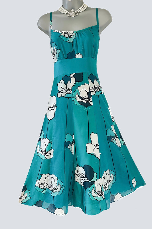 Monsoon turquoise silk floral occasion evening midi dress size 12