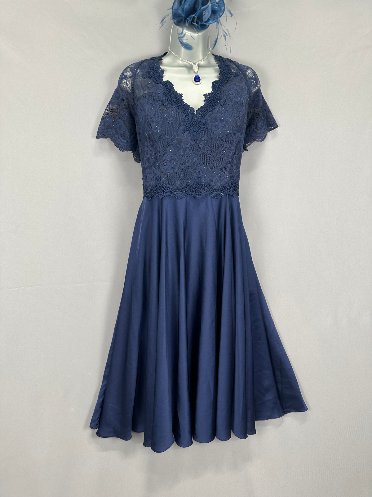 Bnwt Mascara London navy lace diamanté wedding mother of the bride/groom calf length dress 16