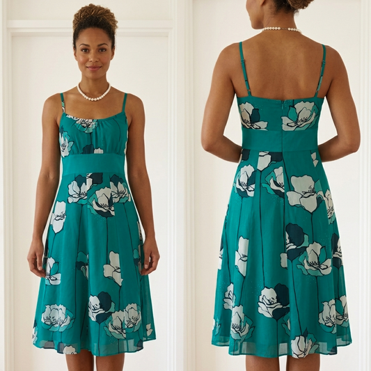 Monsoon turquoise silk floral occasion evening midi dress size 12