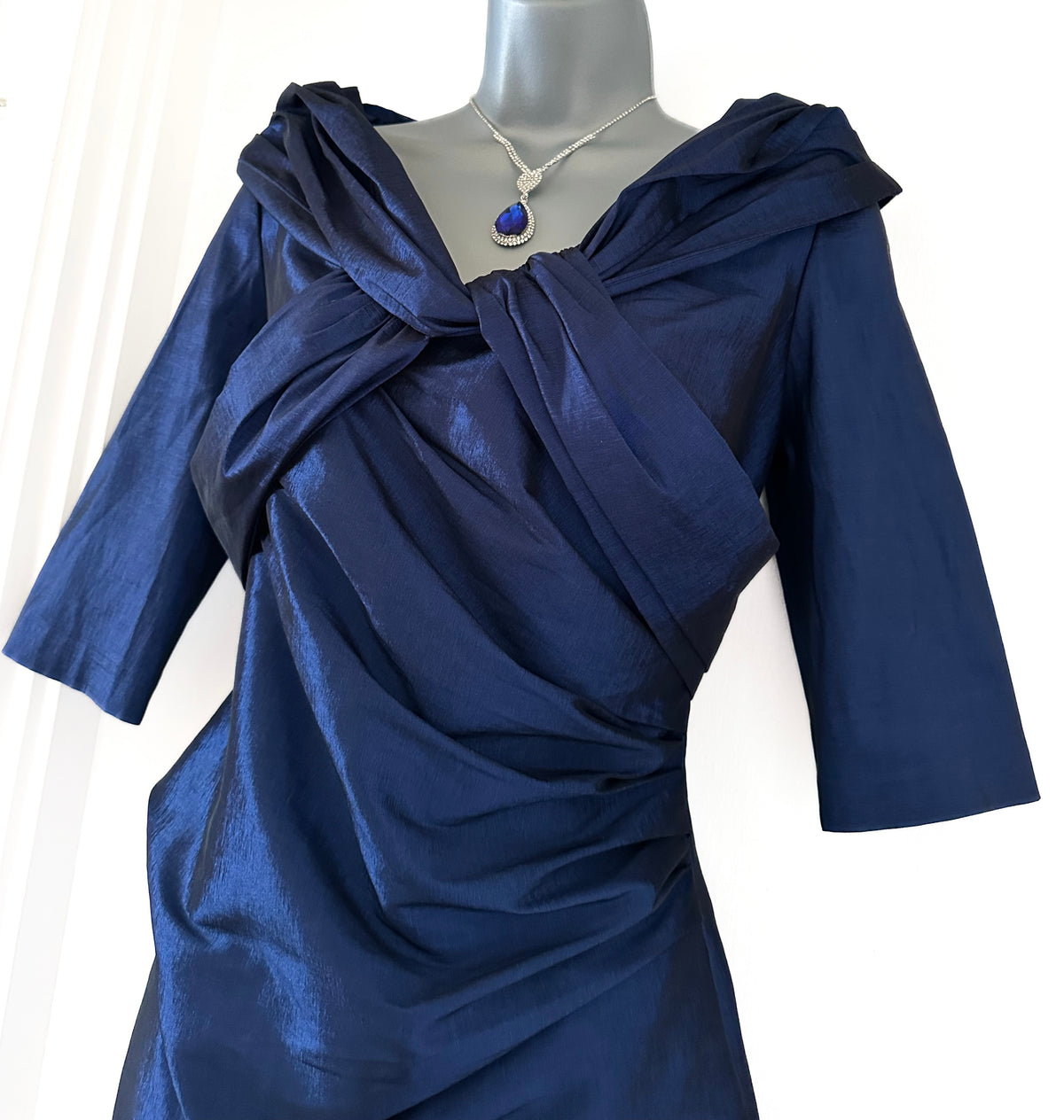 Ispirato navy shiny 3/4 sleeve fitted mother of the bride occasion midi dress size 10
