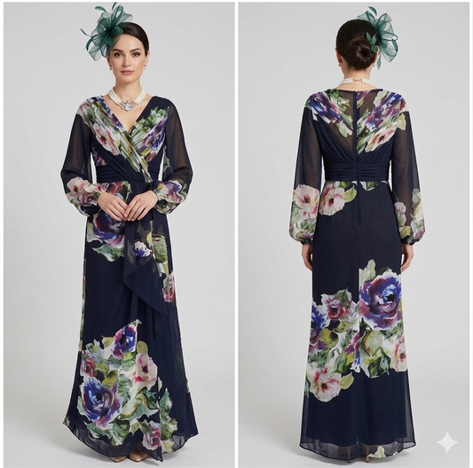 Adrianna Papell navy floral multi occasion wedding long maxi dress size 8