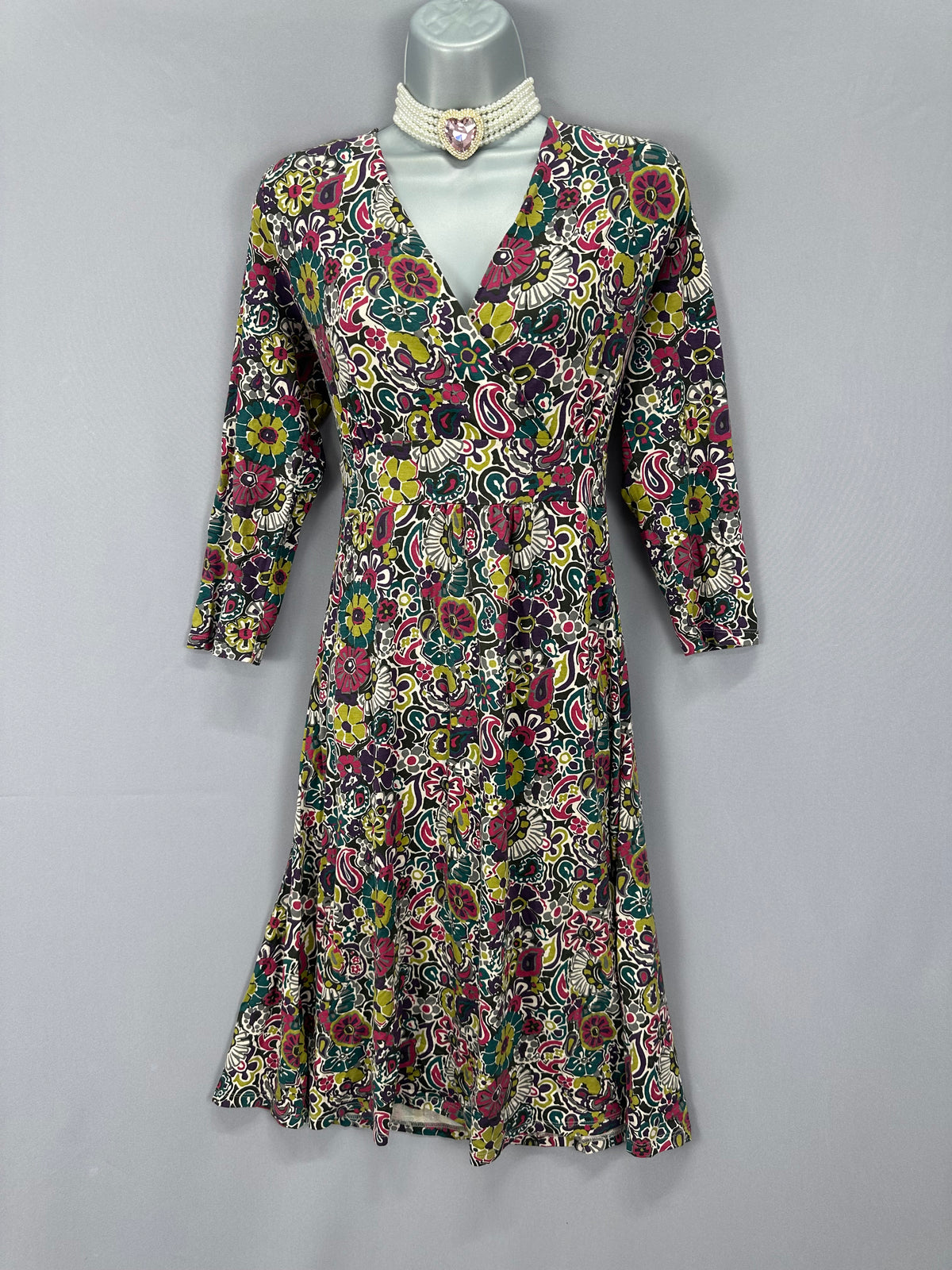 Elegant East multi print v-neck a-line 3/4 sleeve casual knee length dress uk 12