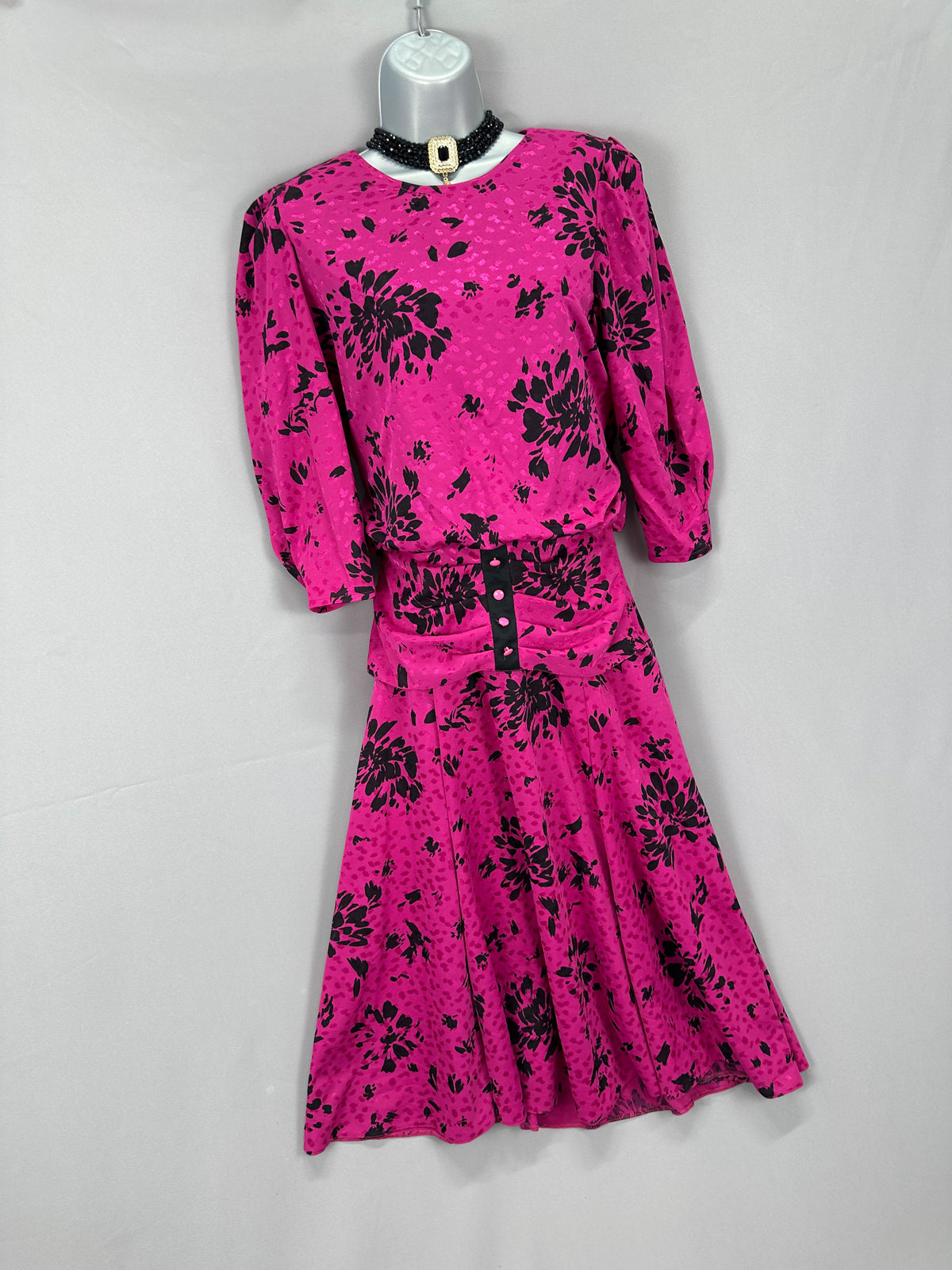 Shelana vintage magenta & black floral drop waist approx late 80s formal calf length dress uk 10