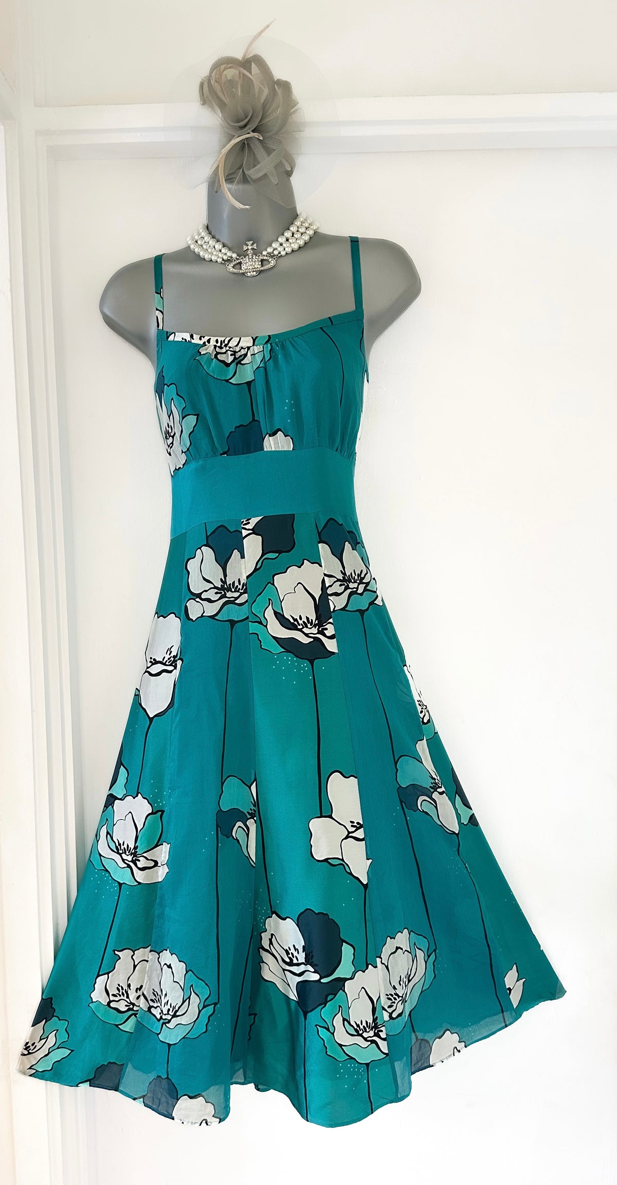 Monsoon turquoise silk floral occasion evening midi dress size 12