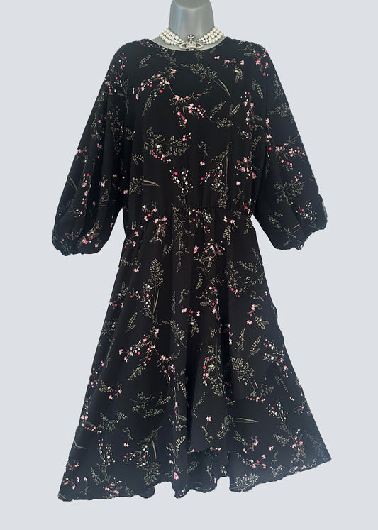 Anthology black floral elasticated waist 3/4 sleeve calf length dress size 28