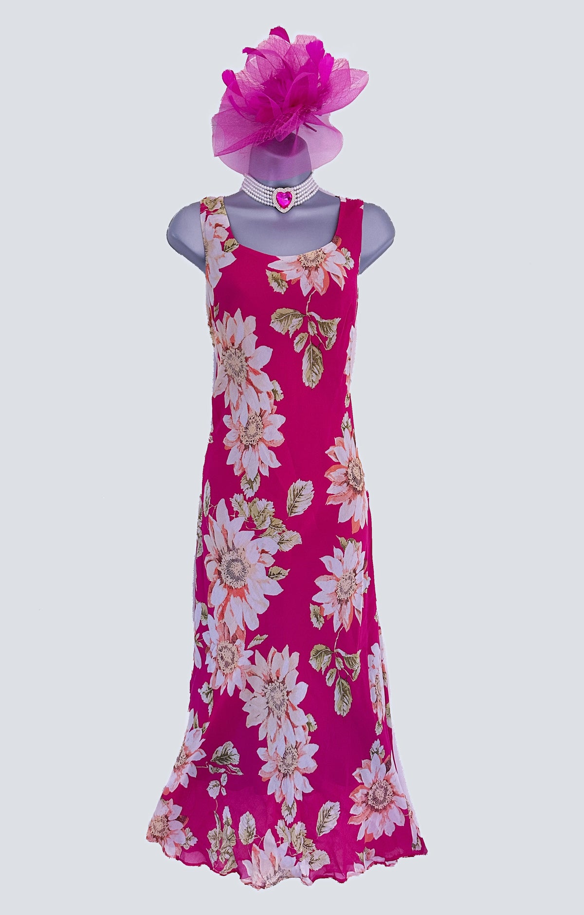 Satsuma London pink floral multi sleeveless summer holiday long maxi dress size 10