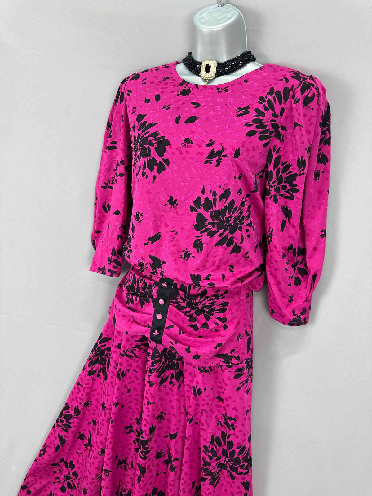 Shelana vintage magenta & black floral drop waist approx late 80s formal calf length dress uk 10