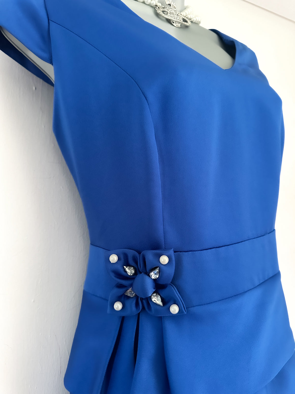 Ella boo blue wedding layered/jewel bow detail cap Sleeve Knee Length Dress 14