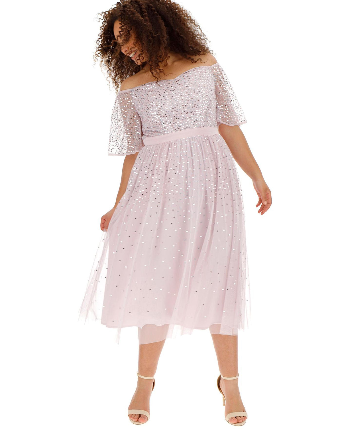 BNWT Maya Deluxe curve light pink/lilac sequin occasion midi dress size 20