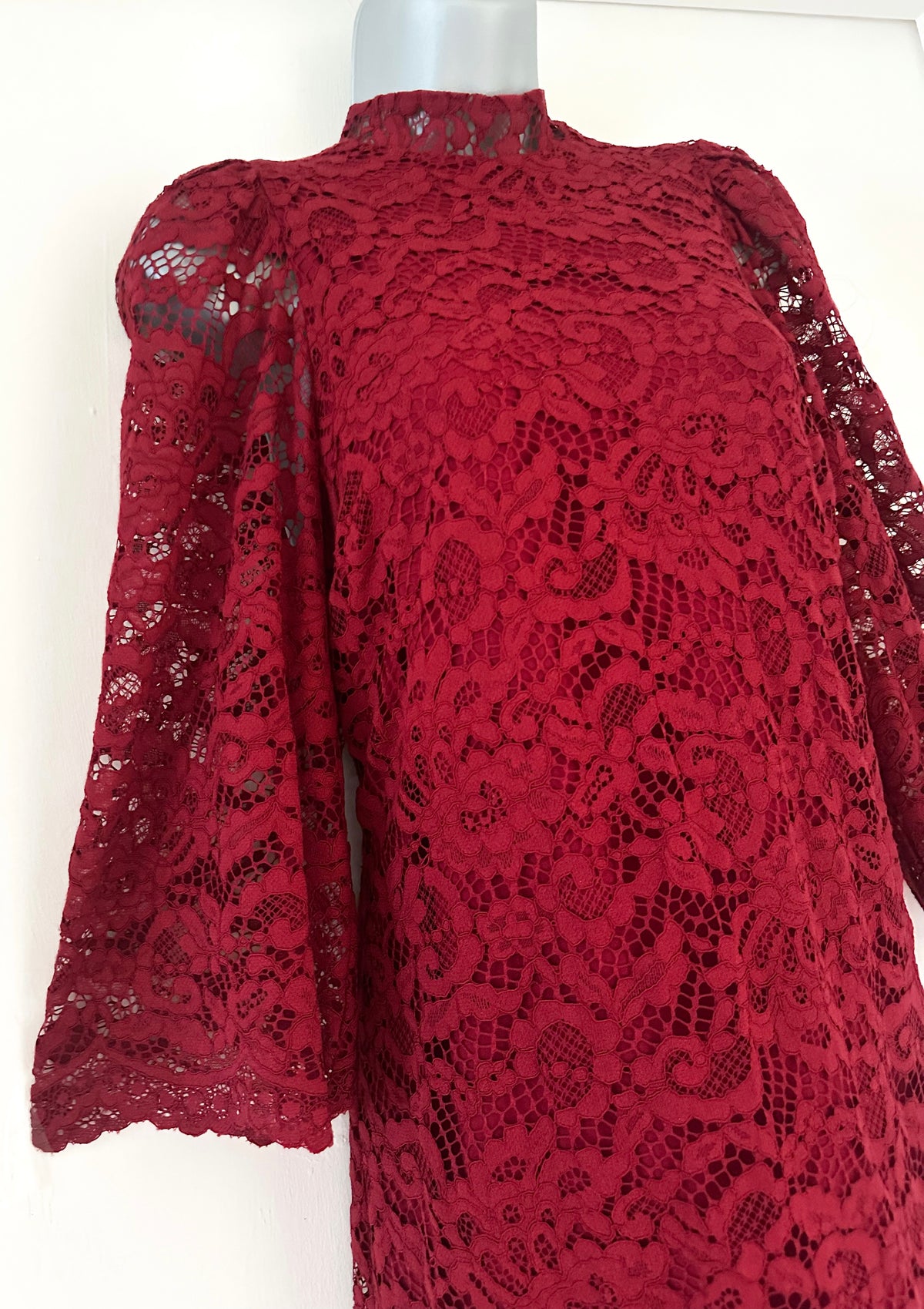 Biba dark red lace slight puff 3/4 sleeve above knee evening party dress size 10