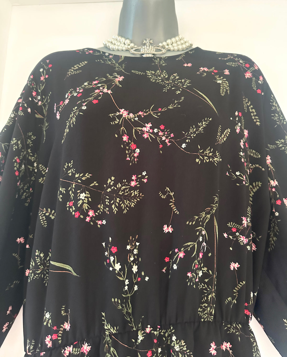 Anthology black floral elasticated waist 3/4 sleeve calf length dress size 28