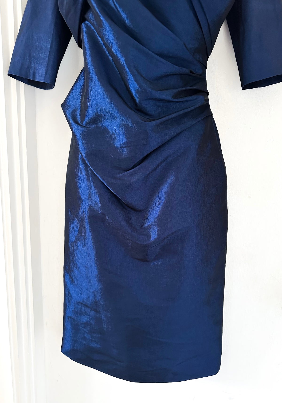 Ispirato navy shiny 3/4 sleeve fitted mother of the bride occasion midi dress size 10